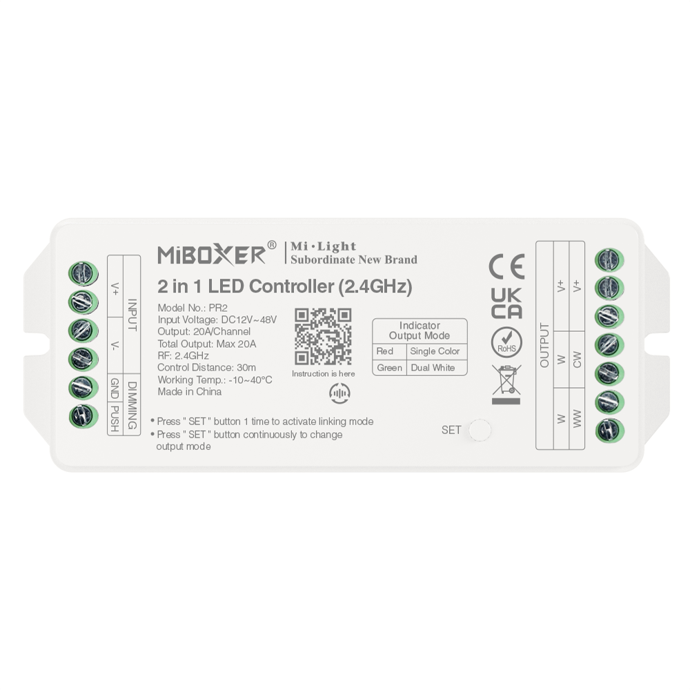 RICEVITORE DIMMER 1H/2CH MONOCOLORE + CCT VARIABILE + MEMORIA + PUSH MI-LICHT 12-48V 20A