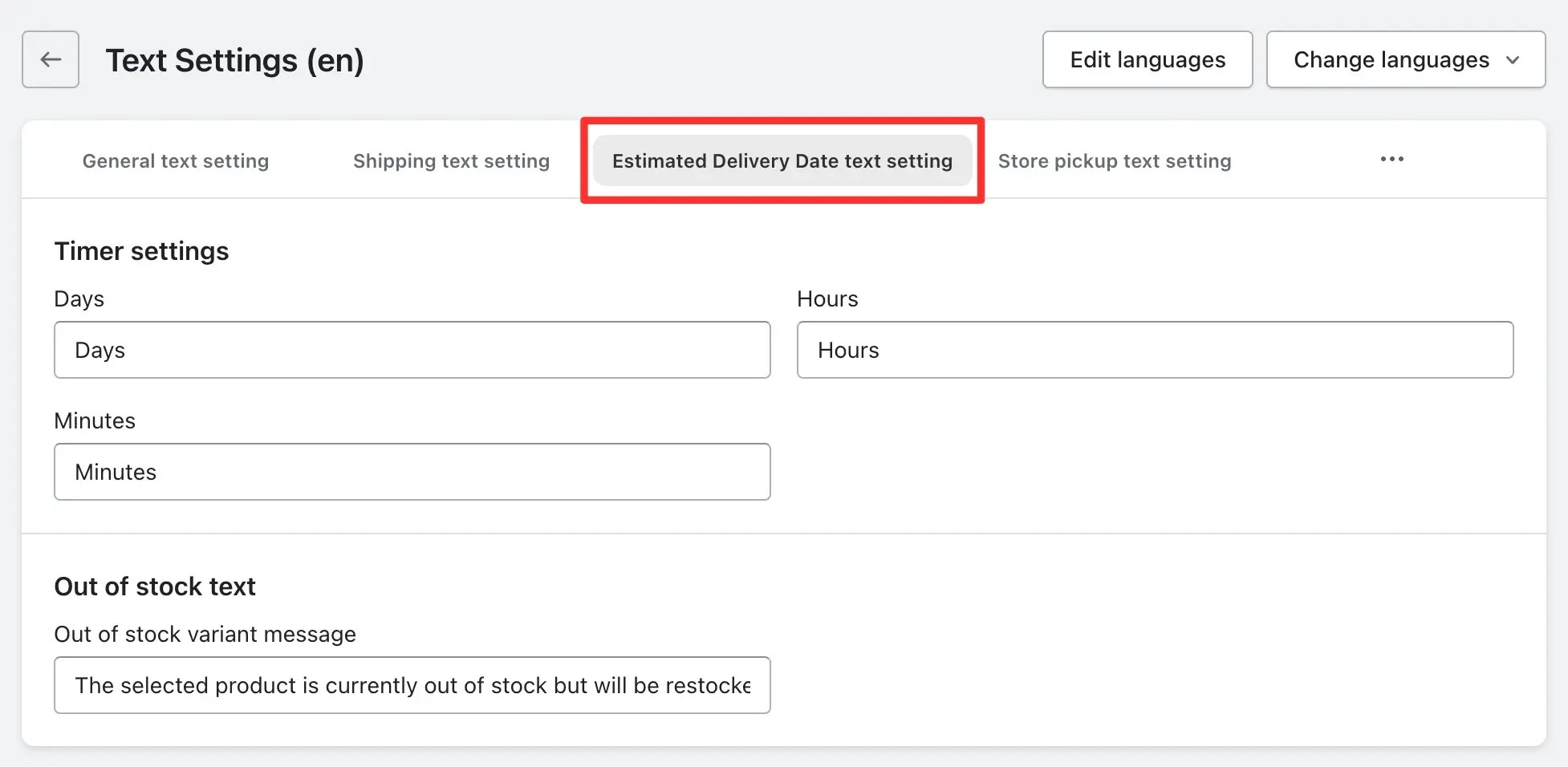 Estimated delivery date text settings