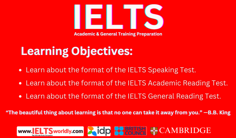 IELTS Academic and General: Reading and Speaking Test Format Lesson Learning Objectives IELTS Preparation