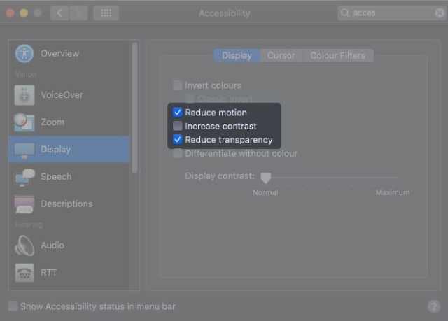 Verifique Reduzir movimento e Reduzir transparência no Mac.
