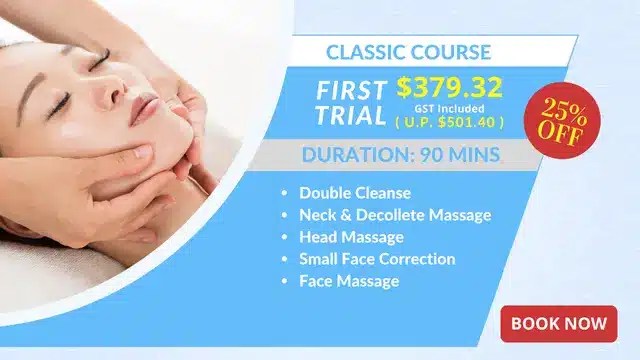 A person receives a facial massage while an ad promotes a 90-minute classic facial course trial for $379.32, listing included treatments and a 25% discount offer.