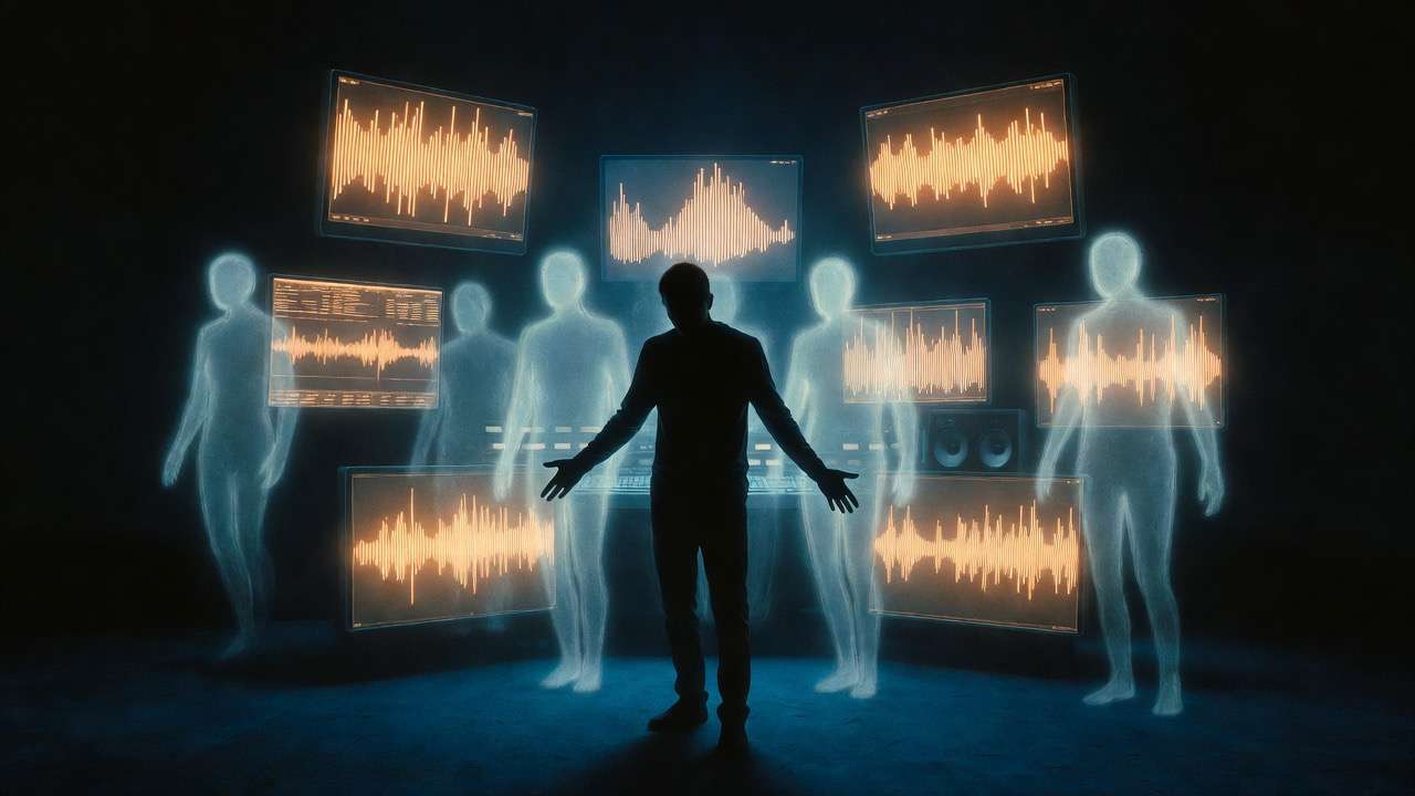 Immagine editoriale, tono scuro e cinematografico. Una figura in controluce, senza volto riconoscibile, seduta davanti a molteplici schermi che mostrano interfacce di equalizzatori e dashboard di streaming. L’ambiente è industriale-digitale, luci al neon fredde (blu/verde). Atmosfera di sorveglianza silenziosa e produzione seriale. Nessun testo nell’immagine.