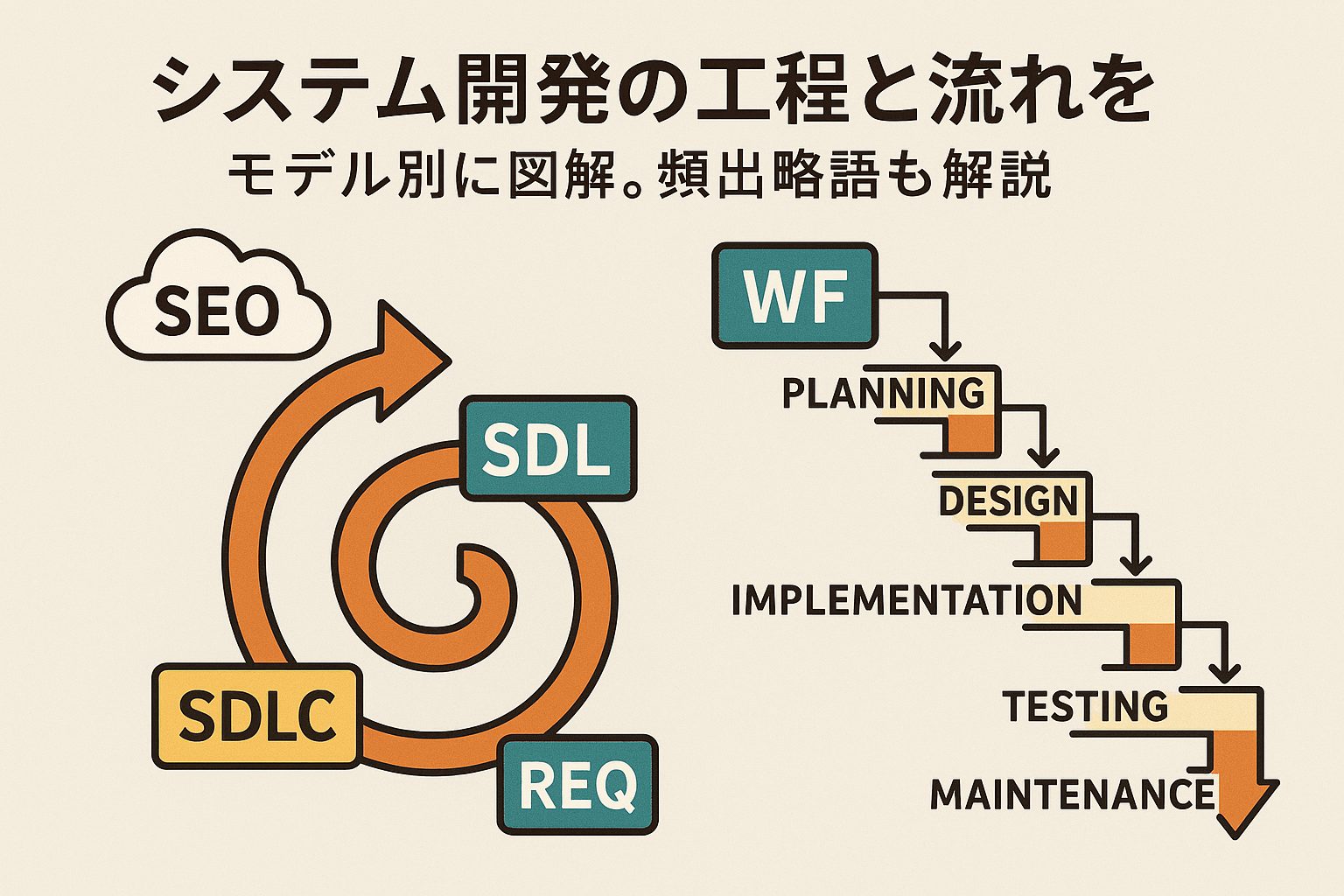 システム開発の工程と流れをモデル別に図解。頻出略語も解説