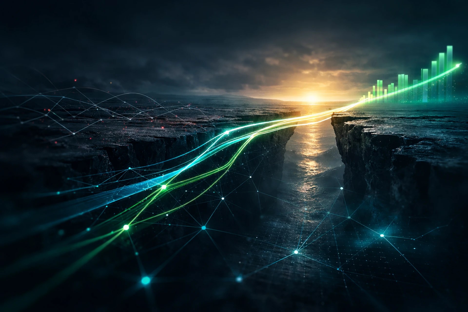 Abstract digital landscape showing data streams bridging a gap, symbolising IT benchmarking and trust in IT reporting.
