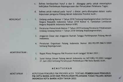 Surat pembekuan pengurus PMI kota Banda Aceh