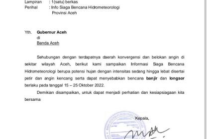 Surat BMKG Stasiun Meteorologi Kelas I Sultan Iskandar Muda Banda Aceh mengingatkan Gubernur Aceh untuk siaga banjir dan longsor