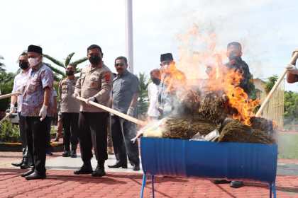 Kapolres Aceh Utara AKBP Riza Faisal memimpin pemusnahan barang bukti (BB) narkotika jenis Sabu, Ganja kering dan pil Ekstasi di halaman Mapolres setempat, pada Jum’at (21/10)