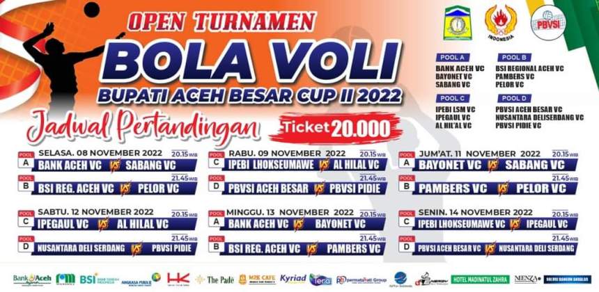 Action Bank Aceh Syariah lawan Sabang VC, mengawali turnamen Bola Voli Piala Bupati Aceh Besar Cup II, Selasa (8/11)