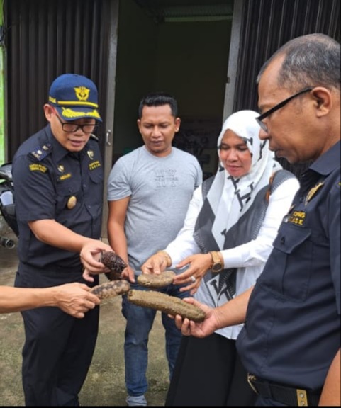 Pemilik Usaha Raseuki Laot Sabang Asnawi bersama pihak Bea Cukai Kota Sabang, mengamati teripang hasil tangkapannya, beberapa waktu lalu