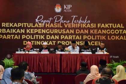 KIP Aceh menggelar Rapat Pleno Terbuka Rekapitulasi Hasil Verifikasi Faktual Perbaikan Kepengurusan dan Keanggotaan Partai Politik dan Partai Politik Lokal Tingkat Provinsi Aceh, di Hotel Hermes Palace Banda Aceh, Jum'at (9/12)