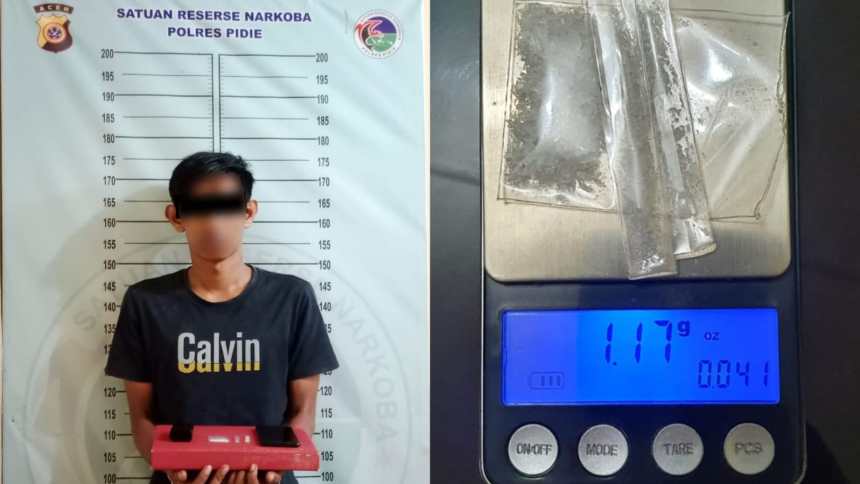 Tim Opsnal Satuan Reserse Narkoba Polres Pidie menangkap pelaku penyalahgunaan narkotika jenis sabu berinisial JM (26) di Gampong Yaman Barat Kecamatan Mutiara, Jum'at (23/12/2022)
