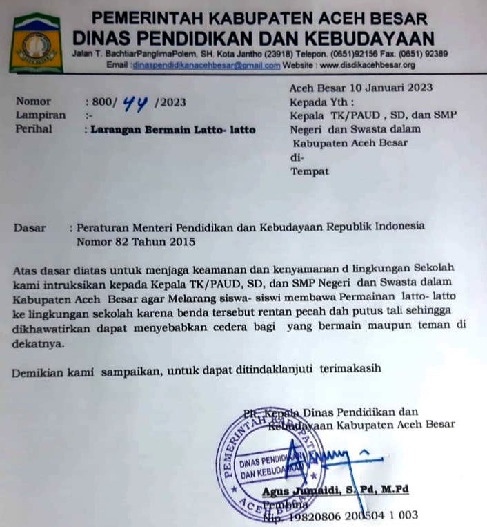Surat Edaran yang melarang siswa Aceh Besar membawa dan bermain lato-lato di sekolah