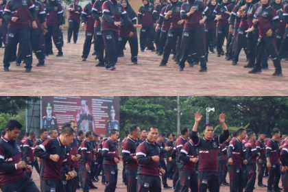 Polda Aceh memisahkan Polwan dan Polisi Laki-laki saat olahraga bersama, Jum'at (10/2)