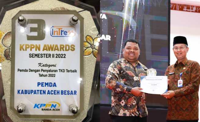 Pj Bupati Aceh Besar Muhammad Iswanto diwakili Sekda Sulaimi menerima penghargaan KPPN Awards Semester II Tahun 2022 Kategori Penyaluran TKD Terbaik di Gedung AAC Dayan Dawood Darussalam, Kamis (23/2)