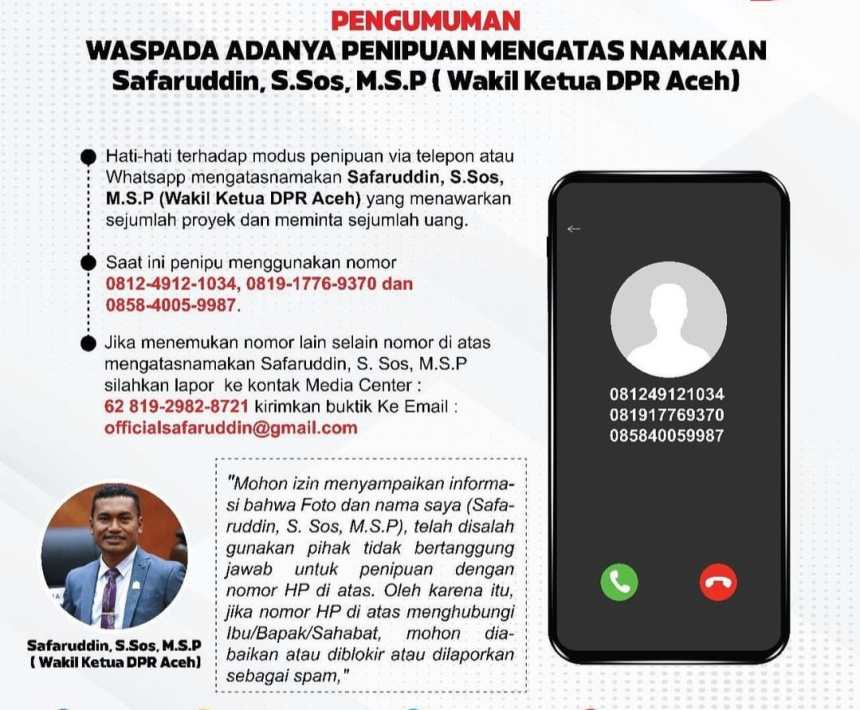 Nama Wakil Ketua DPRA Safaruddin dicatut dan digunakan untuk melakukan aksi penipuan dengan meminta sejumlah uang dan menawarkan proyek | INFOACEH.net Nama Wakil Ketua DPRA Safaruddin dicatut dan digunakan untuk melakukan aksi penipuan dengan meminta sejumlah uang dan menawarkan proyek