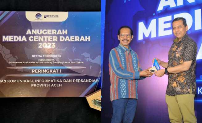 Kadis Kominsa Aceh Marwan Nusuf saat menerima penghargaan peringkat I kategori Berita Terpopuler pada Anugerah Media Center Daerah 2023, di The Margo Hotel Depok, Selasa (28/2)