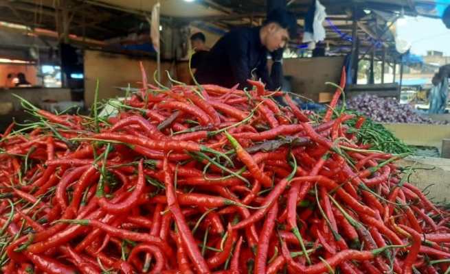 Aktivitas salah satu pedagang di Pasar Induk Lambaro Kecamatan Ingin Jaya, Aceh Besar, Senin (6/3)