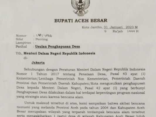 Pemkab Aceh Besar menyurati Mendagri untuk mengusulkan penghapusan Desa Pulo Bunta, Kecamatan Peukan Bada