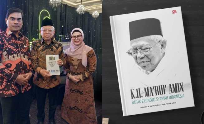 Rektor UIN Ar-Raniry Prof Mujiburrahman menyerahkan buku berjudul 'KH Ma'ruf Amin: Bapak Ekonomi Syariah Indonesia' sebagai hadiah ulang tahun ke-80 Wapres Ma'ruf Amin, Sabtu (11/3) di Jakarta
