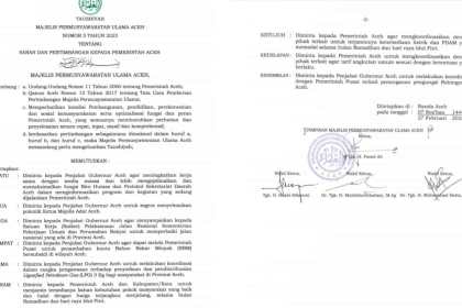 Taushiyah Majelis Permusyawaratan Ulama Aceh Nomor 5 Tahun 2023 yang berisi tentang Saran dan Pertimbangan kepada Pemerintah Aceh