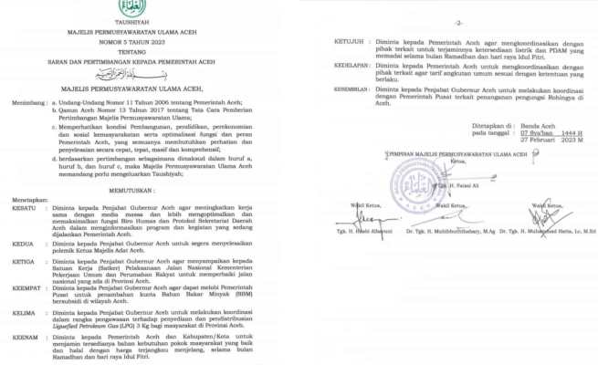 Taushiyah Majelis Permusyawaratan Ulama Aceh Nomor 5 Tahun 2023 yang berisi tentang Saran dan Pertimbangan kepada Pemerintah Aceh