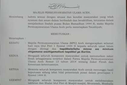 MPU Aceh menerbitkan Taushiyah Nomor 8 Tahun 2023 tentang pelaksanaan ibadah Idul Fitri 1444 Hijriah