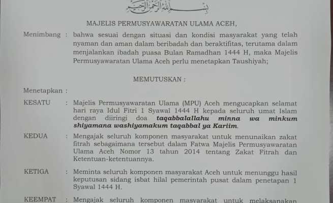 MPU Aceh menerbitkan Taushiyah Nomor 8 Tahun 2023 tentang pelaksanaan ibadah Idul Fitri 1444 Hijriah