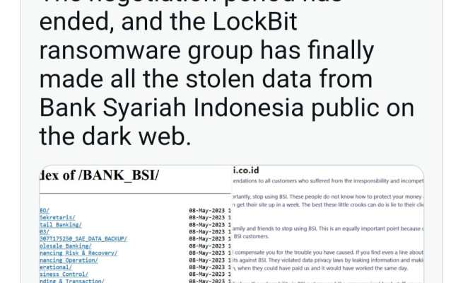 Kelompok hacker LockBit, yang mengaku menyerang sistem IT BSI mengaku menyebarkan data nasabah yang sudah dienkripsi di Dark Web