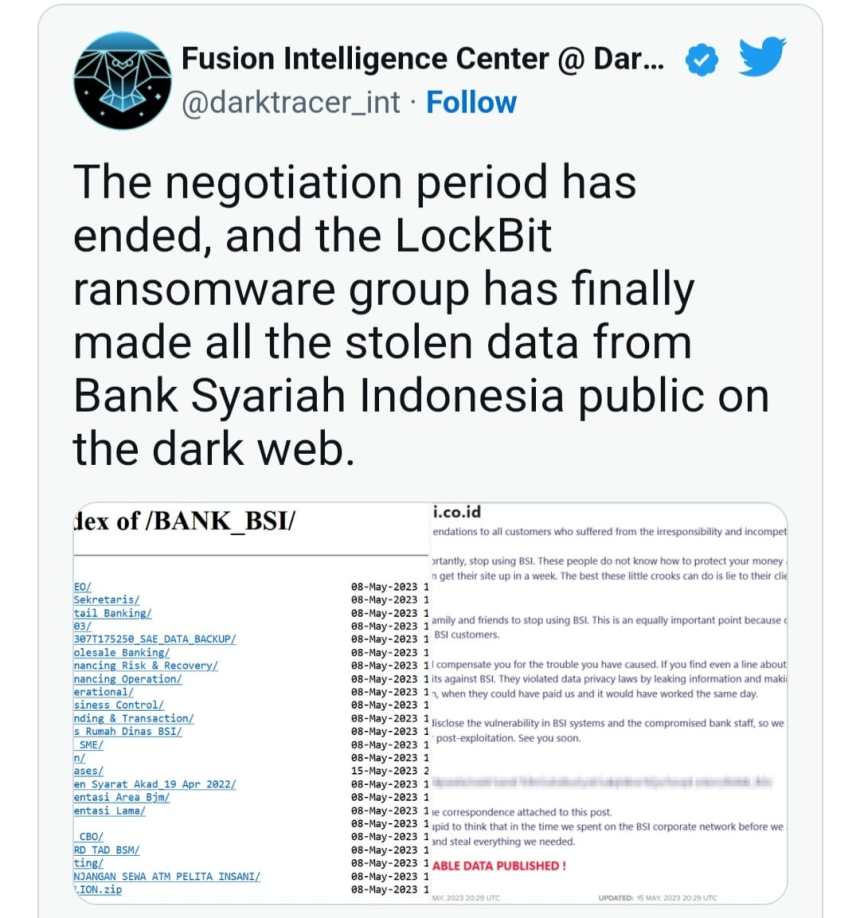 Kelompok hacker LockBit, yang mengaku menyerang sistem IT BSI mengaku menyebarkan data nasabah yang sudah dienkripsi di Dark Web