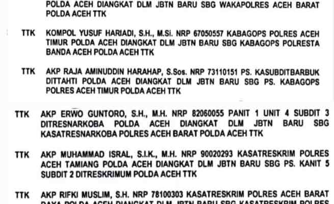 Polda Aceh melakukan mutasi perwira menengah dan pertama. Di antaranya Wakapolres Aceh Barat, Wakapolres Aceh Jaya dan Wakapolres Aceh Timur, sejumlah Kasat Reskrim, Kabag Ops, Kasat Resnarkoba serta para Kapolsek