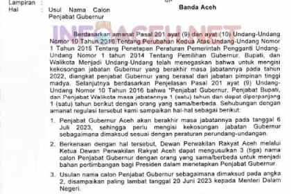 Surat Mendagri Tito Karnavian kepada Ketua DPRA yang perihal usulan nama calon Penjabat Gubernur Aceh