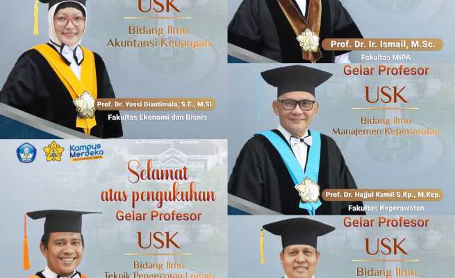 Universitas Syiah Kuala Banda Aceh melalui Sidang Terbuka Senat Akademik Universitas mengukuhkan lima profesor baru di Gedung AAC Dayan Dawood, Selasa, 18 Juli 2023