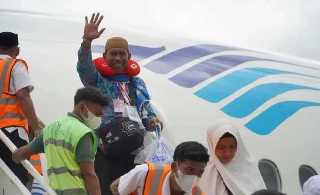 254 jemaah haji Aceh kloter 12 tiba di Bandara Internasional Sultan Iskandar Muda Blang Bintang, Aceh Besar, Senin, 31 Juli 2023 pukul 11.15 WIB