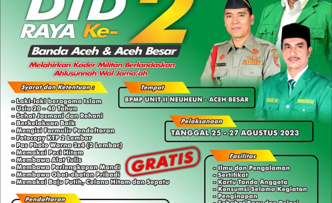 PW Gerakan Pemuda Ansor Aceh kembali mengadakan DTD Raya II pada 25-27 Agustus 2023 di BPMP Unit 2 Neuheun Aceh Besar