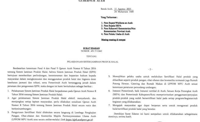 SE Gubernur Aceh Nomor 451.7/11662 tentang Pelaksanaan Sistem Jaminan Produk Halal yang ditandatangani Achmad Marzuki