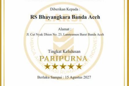 Rumah Sakit Bhayangkara Polda Aceh telah menjalani survei peningkatan akreditasi yang dilaksanakan Lembaga Akreditasi Rumah Sakit Indonesia (LARSI) dengan kelulusan Paripurna