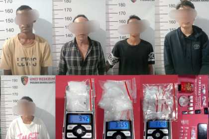 Personel Polsek Banda Sakti menciduk 5 tersangka pengedar sabu di wilayah Lhokseumawe, Senin dini hari (28/8)