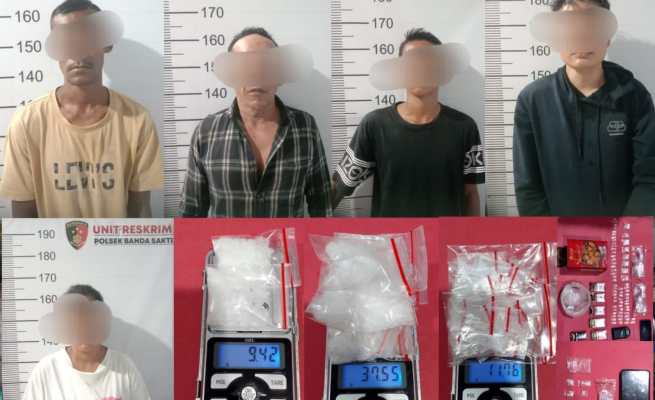 Personel Polsek Banda Sakti menciduk 5 tersangka pengedar sabu di wilayah Lhokseumawe, Senin dini hari (28/8)