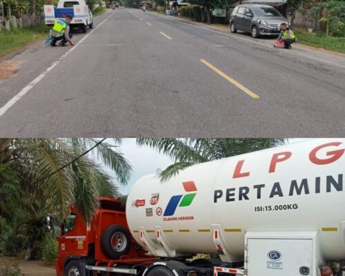 Unit Laka Satlantas Polres Aceh Timur melakukan olah TKP kecelakaan lalu lintas di Nurussalam yang mengakibatkan seorang siswa SD meninggal dunia karena dilindas truk tangki Pertamina, Selasa pagi (5/9)