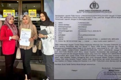 Calon tunangan almarhum Imam Masykur, Yuni Maulida (23) didampingi kuasa hukumnya melaporkan Seleb TikTok Aceh ke Polda Aceh, Sabtu siang (16/9)