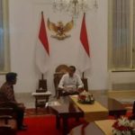 Mantan Menteri Pertanian Syahrul Yasin Limpo menghadap Presiden Joko Widodo didampingi Mensesneg Pratikno, di Istana Negara, Ahad malam (8/10)
