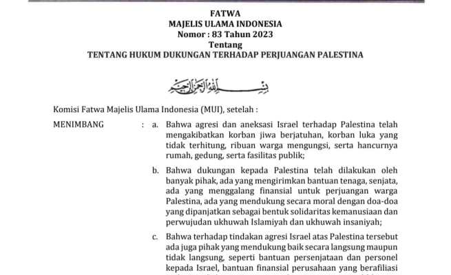 Majelis Ulama Indonesia (MUI) menerbitkan Fatwa Nomor 83 Tahun 2023 tentang Hukum Dukungan terhadap Palestina