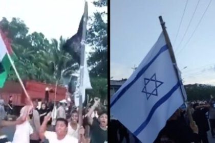 Kelompok massa aksi bela Palestina terlibat bentrok dengan organisasi masyarakat (ormas) pro Israel di Bitung, Sulawesi Utara, Sabtu (25/11). (Tangkapan Layar)