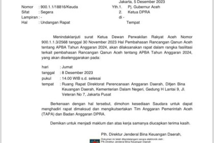 Surat pemanggilan Pj Gubernur Aceh dan Ketua DPRA oleh Kemendagri untuk menghadiri rapat fasilitasi pembahasan Rancangan APBA Tahun 2024 di Jakarta, Jum'at (8/12)