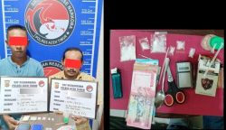 Polsek Indra Makmu Polres Aceh Timur mengamankan dua orang yang sedang mengedarkan dan menggunakan narkotika jenis sabu - sabu di Desa Julok Rayeuk Utara, Kecamatan Indra Makmu