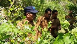 Kadis Sosial Aceh Muslem Yacob menelusuri aset tanah dan bangunan milik dinas yang terbengkalai akibat tsunami tahun 2004 di Desa Meunasah Lambaro, Mukim Lampu'uk, Kecamatan Lhoknga, Aceh Besar, Senin (22/1)