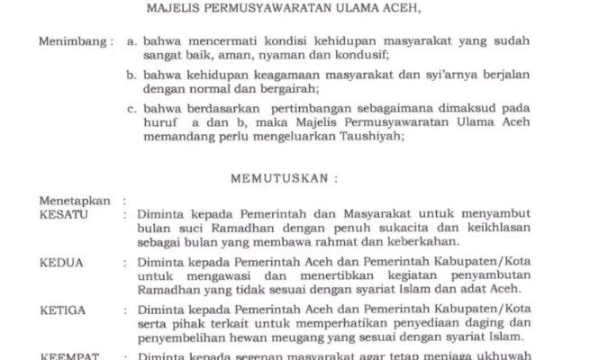 MPU Aceh mengeluarkan Taushiyah Nomor 3 Tahun 2024 tentang Pelaksanaan Ibadah Bulan Ramadhan dan Kegiatan Keagamaan Lainnya Tahun 1445 Hijriah