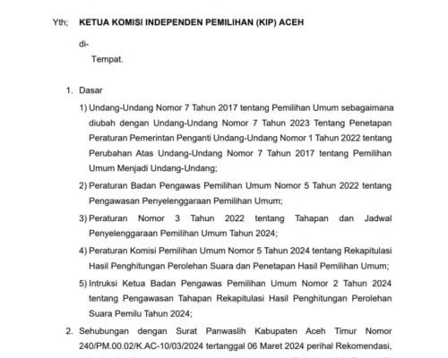 Surat Panwaslih Aceh menyarankan KIP Aceh melakukan perbaikan rekapitulasi perhitungan suara dan penetapan hasil Pemilu 2024 di Aceh Timur