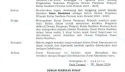 Surat Keputusan penunjukan Irsan Sosiawan sebagai Ketua DPW Partai NasDem Aceh