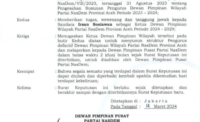 Surat Keputusan penunjukan Irsan Sosiawan sebagai Ketua DPW Partai NasDem Aceh